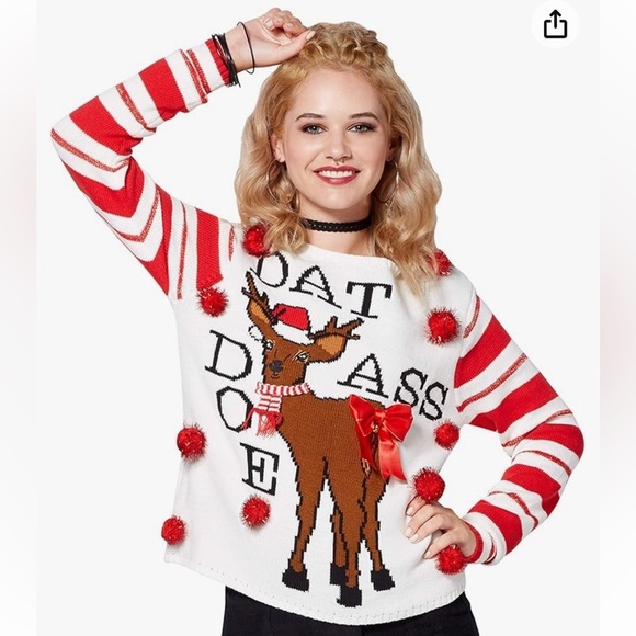 Spencer’s Ugly Christmas‎ Sweater Dat Ass Doe Funny Edgy Sassy Pom Poms Sz Small - Picture 1 of 12